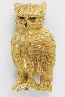 Cartier 18k Yellow Gold Owl Brooch with Emerald Eyes
