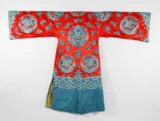 Fine Antique Late Qing Dynasty Chinese Red Silk Embroidered Dragon Robe, late 19th Century