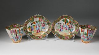 Pair of Chinese Export Rose Canton Porcelain Cups with Saucers, circa 1870