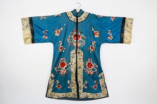 Chinese Peacock Blue Silk Brocade Robe, Qing Dynasty