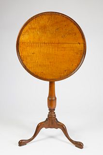 American Queen Anne Tiger Maple Dish Top Candlestand, circa 1800