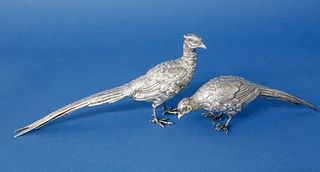 Pair of Asprey & Co. Cast Sterling Silver Pheasants, circa 1988