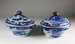 Pair of Chinese Export Porcelain Small Oval Soup Tureens, circa 1750
