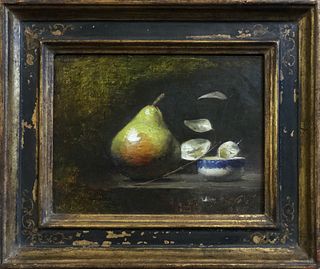 David A. Leffel Oil on Artist Board "Still Life with Green Pear and Bowl"