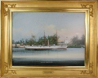China Trade Oil on Linen "Portrait of the Steam-Sail Ship H.M.S Porpoise"