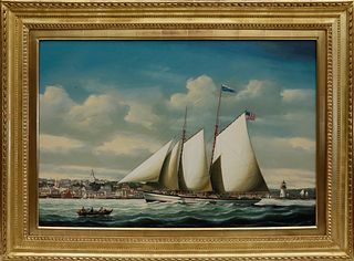 Salvatore Colacicco Oil on Panel "Portrait of the Schooner "Felicity" Entering Nantucket Harbor"