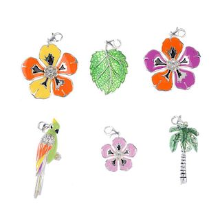 THOMAS SABO - six enamelled charms. To include a palm tree, a leaf and a parrot, together with three