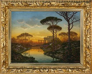 Ferdinand Knab Oil on Canvas "Tranquil Evening Riverside Landscape", circa 1900