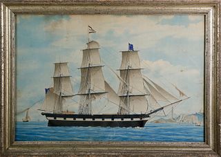 Fine American Gouache on Paper "Portrait of the Ship Delaware"