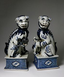 Pair of Late Qing Blue and White Porcelain Foo Lions, late 19th Century