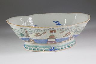Chinese Export Porcelain Footed Oval Bowl with Cantonese "Hongs", 19th Century