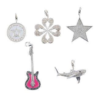 THOMAS SABO - five charms. To include a shark charm embellished with synthetic zirconias, a pink ena