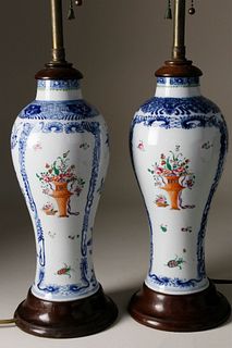 Pair of Famille Rose and Underglaze Blue Vases Fitted as Table Lamps