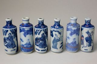 Six Chinese Underglaze Blue and Copper Red Snuff Bottles, Qianlong Marks