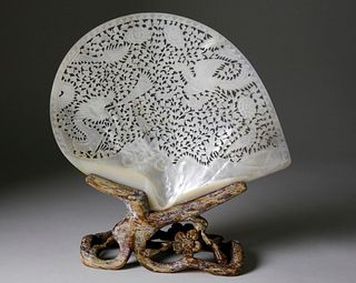 Chinese Carved Abalone Shell on Stand, late 19th Century
