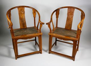 Pair of Chinese Huanghuali Horseshoe-Back Armchairs, Quanyi