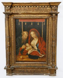 South German School Oil on Cradled Wood Panel "The Holy Family"