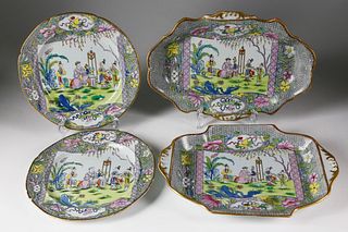 Four Mason's Ironstone Pink Scroll Pattern Dessert Plates and Dishes, circa 1815-1820