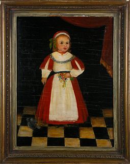 American School Oil on Wood Panel Portrait of a Young Girl, 19th Century