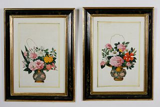 Pair of China Trade Floral Watercolors on Pith Paper, circa 1830s