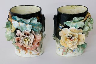 Pair of French Barbotine Majolica Vases by Edouard Gilles