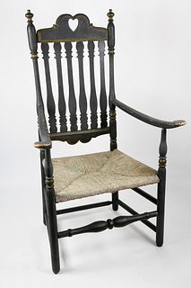 American William and Mary Heart and Crown Black-Painted Banister Back Armchair, circa 1710-1730