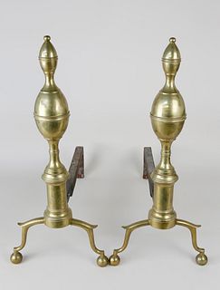Pair of Fine Large Antique Federal New York Lemon Top Brass Andirons