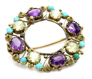 A Regency gold amethyst, chrysolite and turquoise cannetille brooch/pendant,