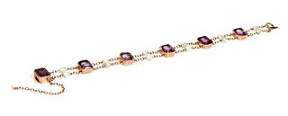A rose gold amethyst and pearl bracelet, c.1910,