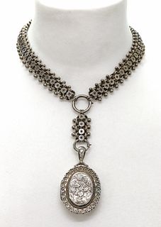 A late Victorian sterling silver locket and collar, c.1880,