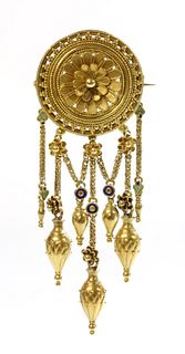 A gold enamel archaeological revival Etruscan style fringe brooch, by Fortunato Pio Castellani, c.1860,
