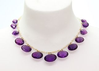 A Victorian seed pearl and amethyst fringe necklace,