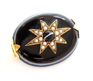 A Victorian bullseye agate and split pearl star brooch,