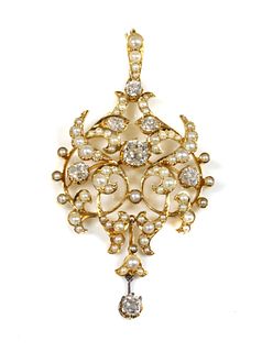 A late Victorian diamond and split pearl cartouche shaped brooch/pendant, c.1890,