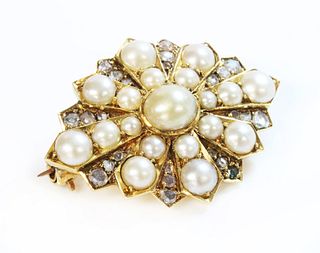 A Victorian gold split pearl and diamond star brooch or motif,