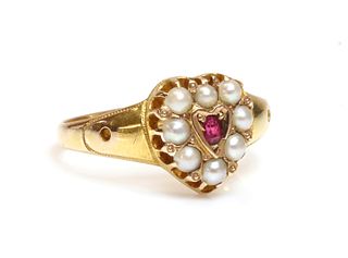 A 15ct gold Victorian ruby and split pearl heart shaped cluster ring,