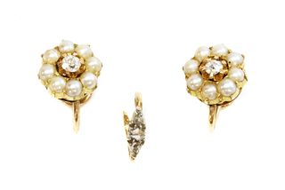 A pair of diamond and split pearl cluster earrings, c.1900,