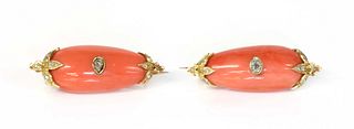 A pair of cased Victorian coral and diamond brooches,