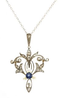 A sapphire, seed pearl and diamond pendant, c.1910,