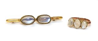 A two stone moonstone bar brooch,
