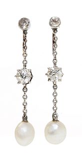 A pair of Edwardian pearl and diamond drop earrings,
