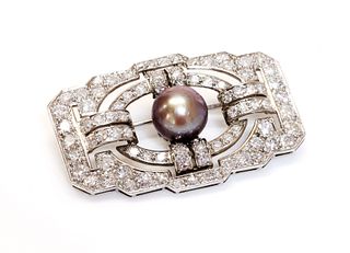 A French Art Deco natural saltwater pearl diamond plaque brooch, c.1925,