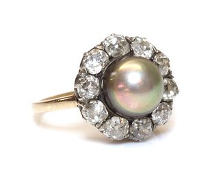 A Continental natural saltwater pearl and diamond cluster ring, c.1890,
