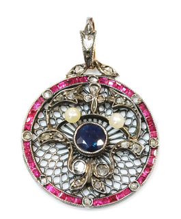 An Edwardian sapphire, ruby, diamond and pearl pendant, c.1910,