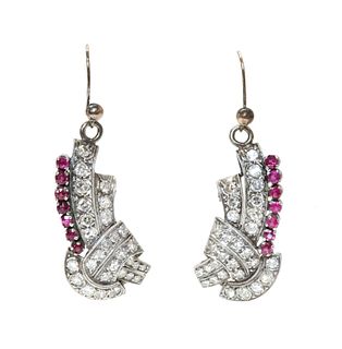 A pair of ruby and diamond drop earrings,