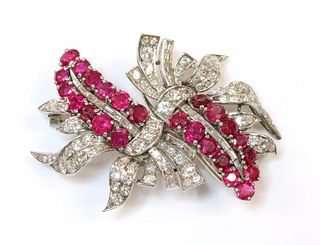 A ruby and diamond double clip brooch, c.1935-1940,