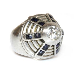 A diamond and synthetic sapphire bomb? ring, c.1940,