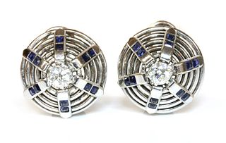 A pair of white gold diamond and synthetic sapphire bomb? earrings, c.1940,