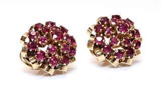 A pair of gold ruby cluster earrings, c.1945-1955,