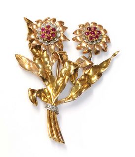 A three colour gold, ruby and diamond spray brooch, c.1940,